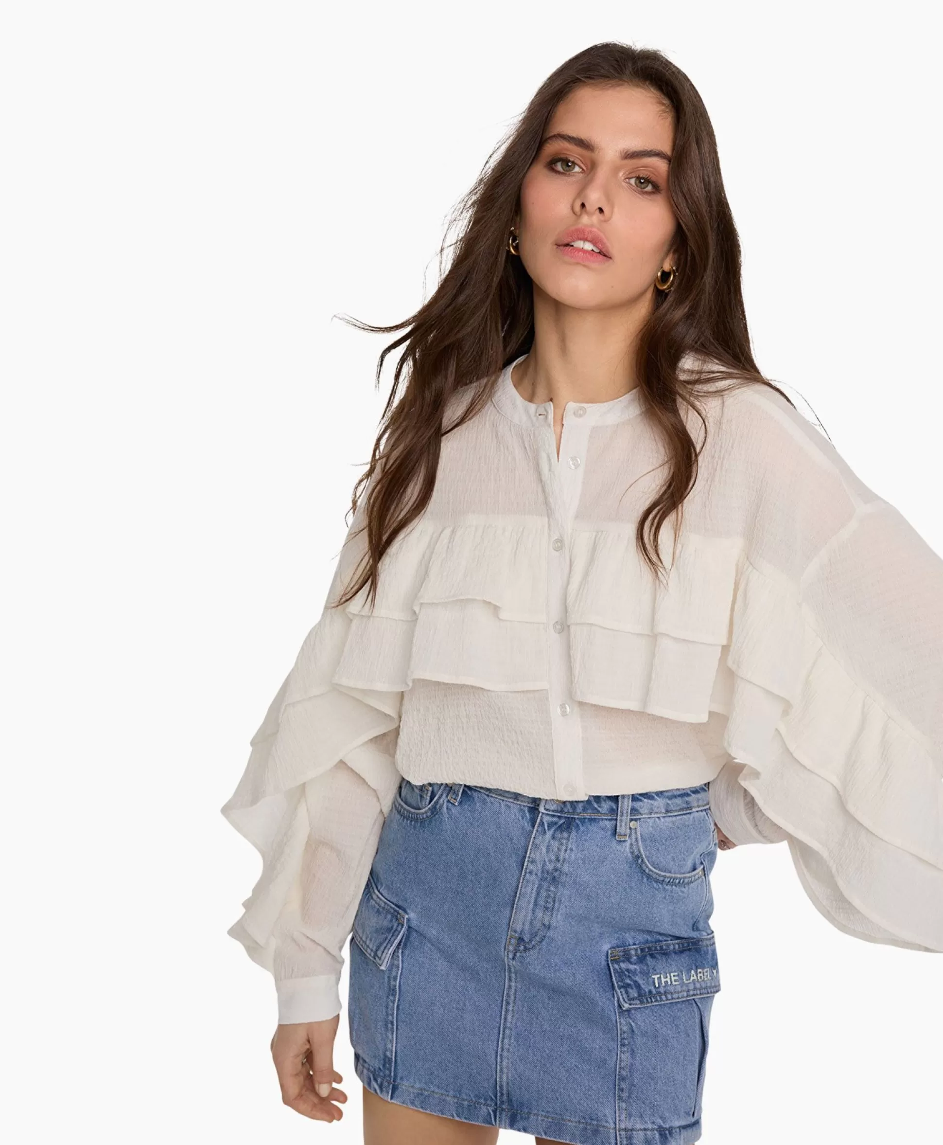 Shop Blouse Woven Structured Chiffon Ruffle Ecru Dames Blouses