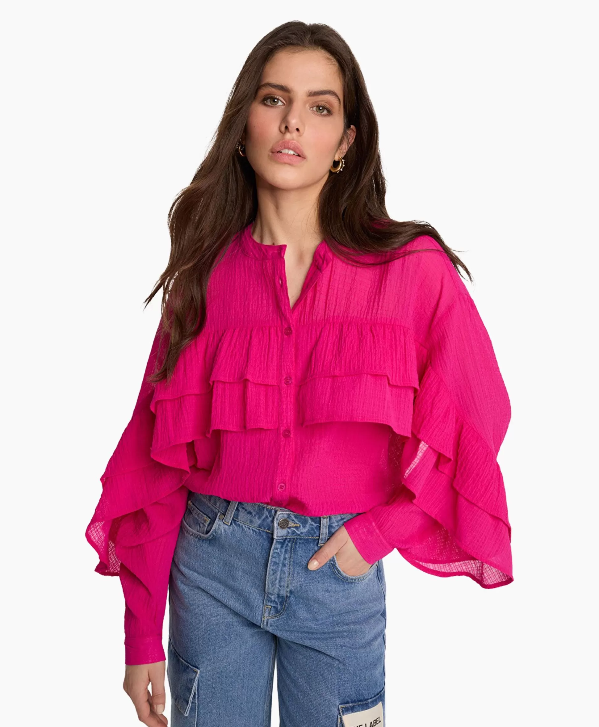 Online Blouse Woven Structured Chiffon Ruffle Roze Dames Blouses