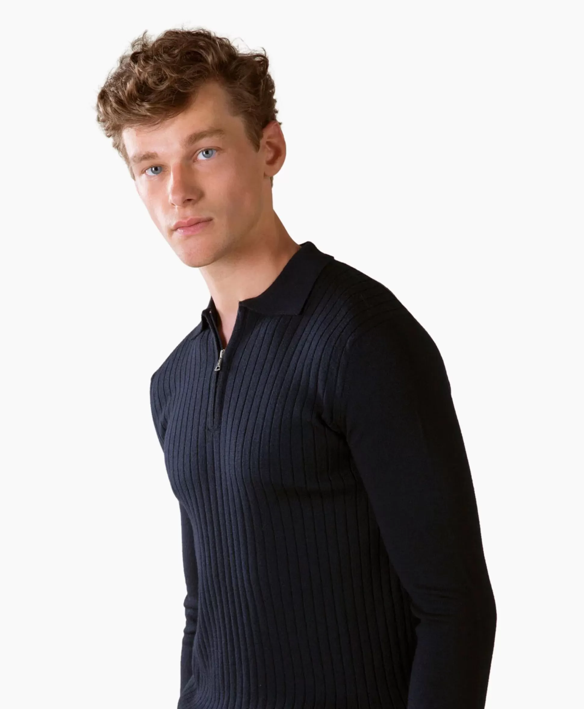 Best Sale Pullover Rib Zip Polos Ls Donker Blauw Heren Truien