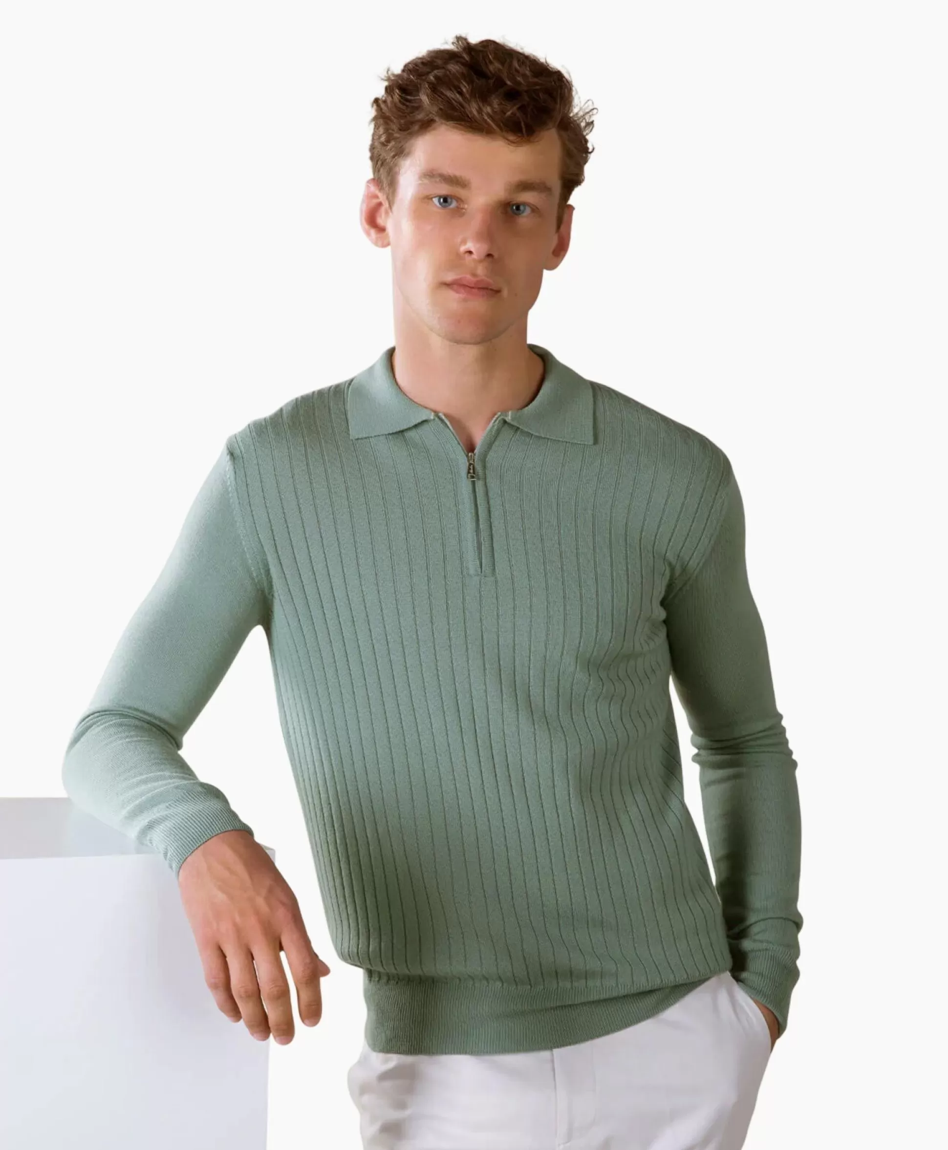 Online Pullover Rib Zip Polos Ls Licht Groen Heren Truien