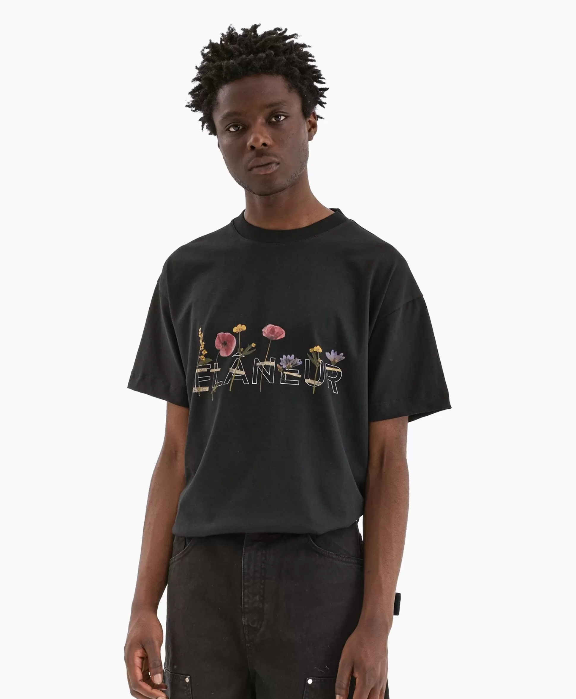 New Flaneur T-Shirt Korte Mouw Botanical Zwart Heren T-Shirts