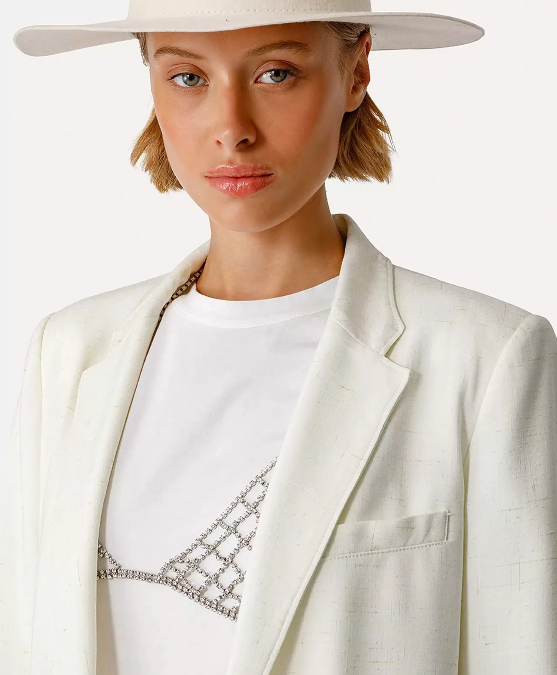 Cheap Blazer Tweed Viscose Silk Jacket Off White Dames Blazers