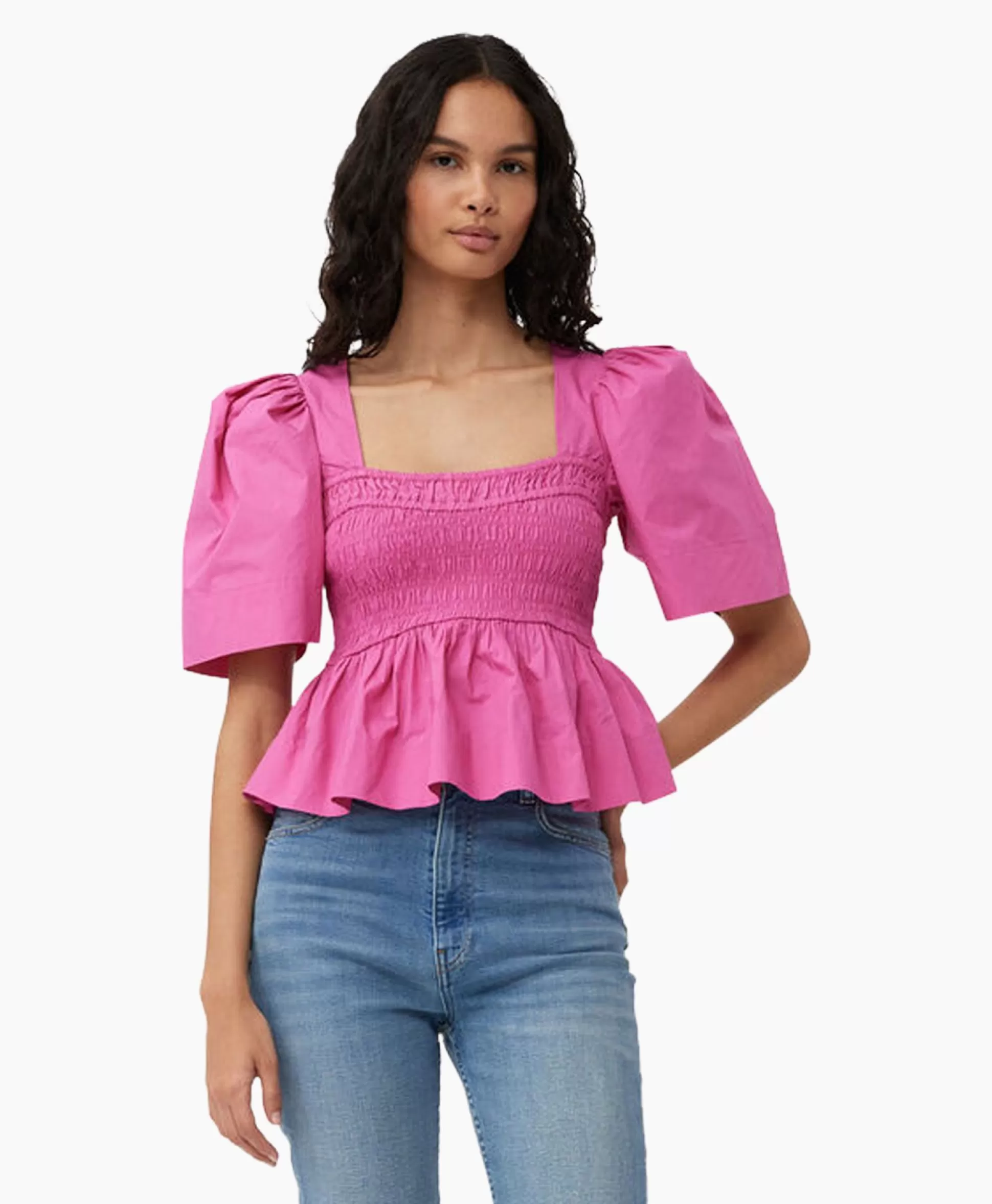 Store Blouse Cotton Poplin Open-Neck Smock Pink Dames Blouses