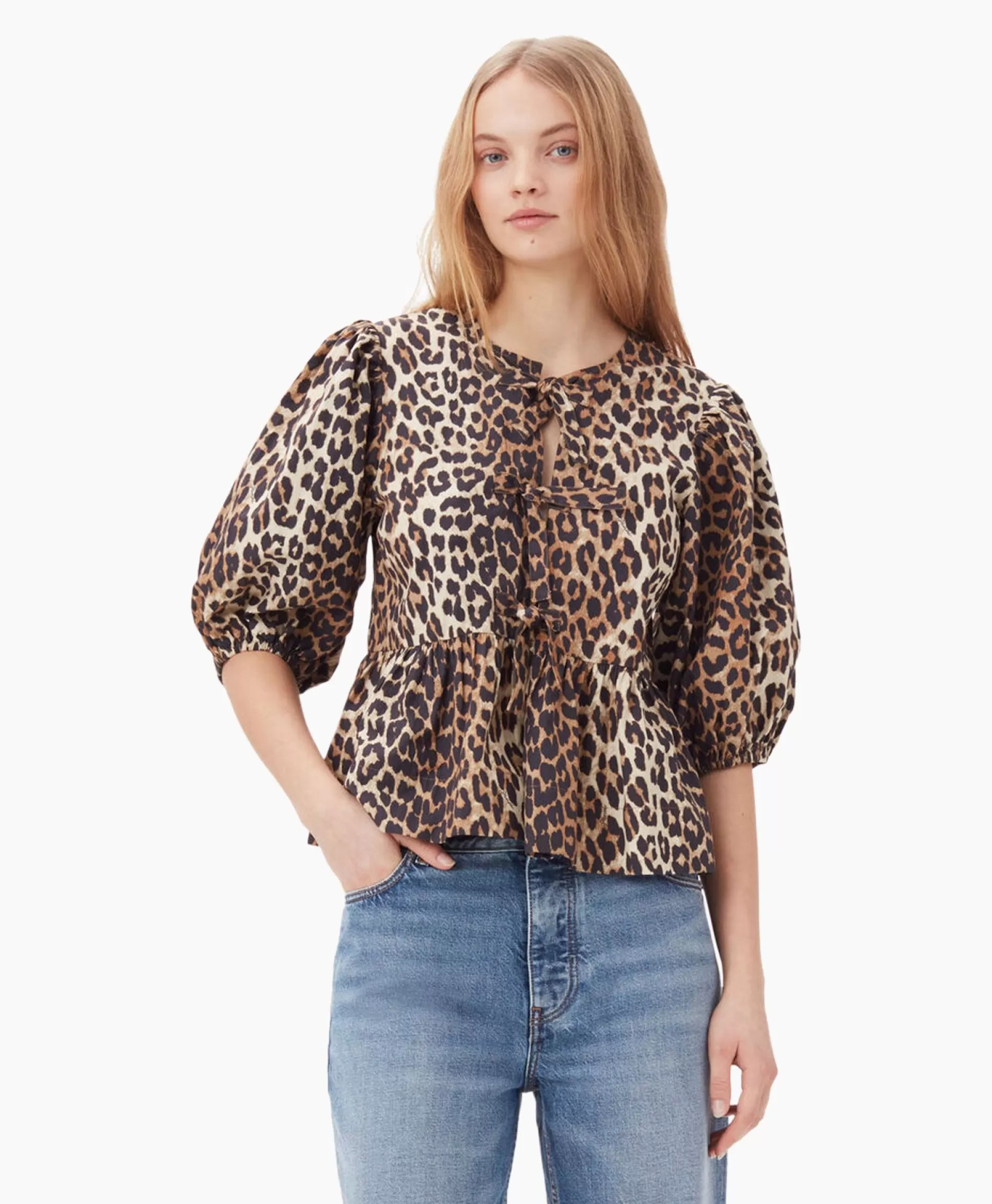 Cheap Blouse Printed Cotton Poplin Peplum Bruin Dames Blouses