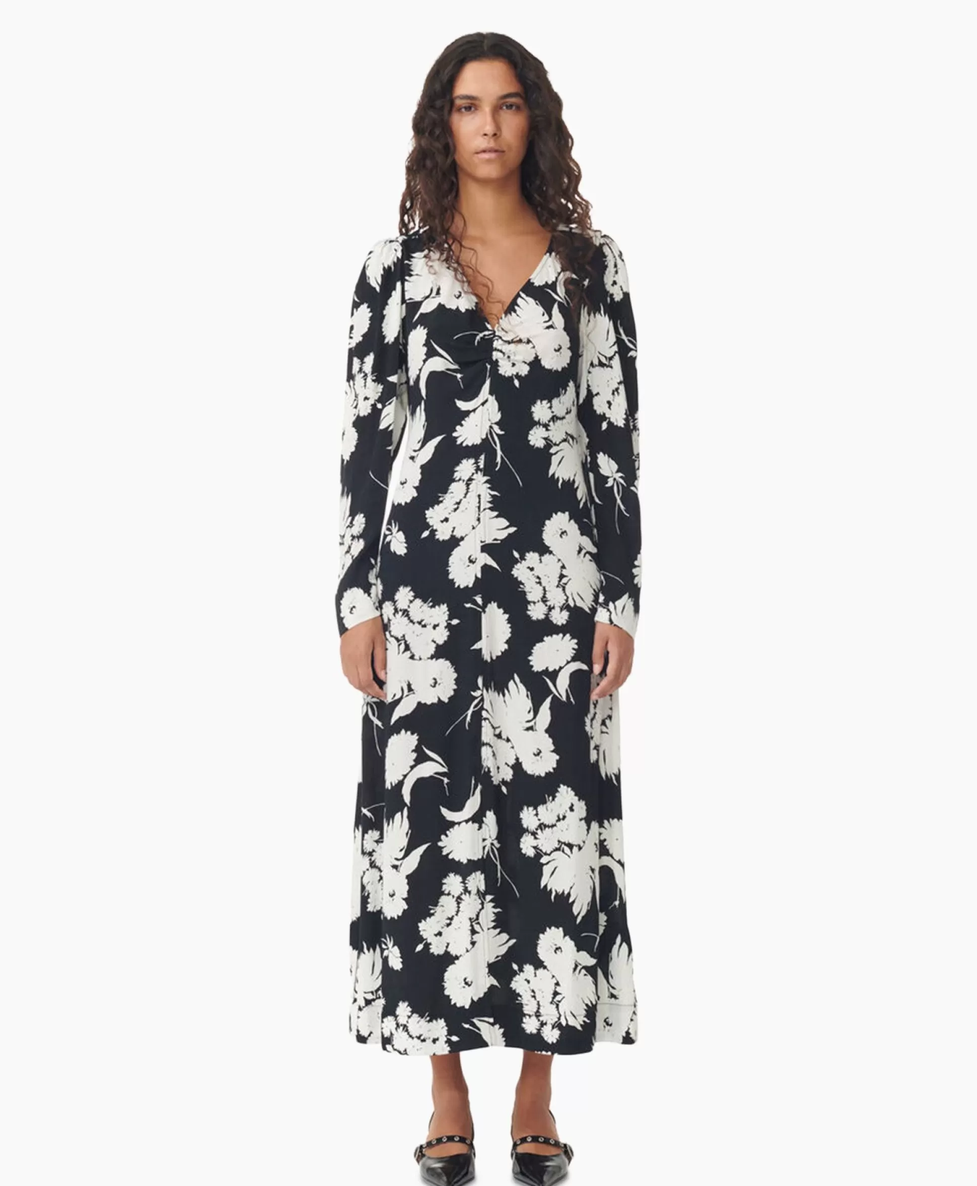 Discount Maxi Jurk Printed Crepe V-Neck Zwart Dames Jurken