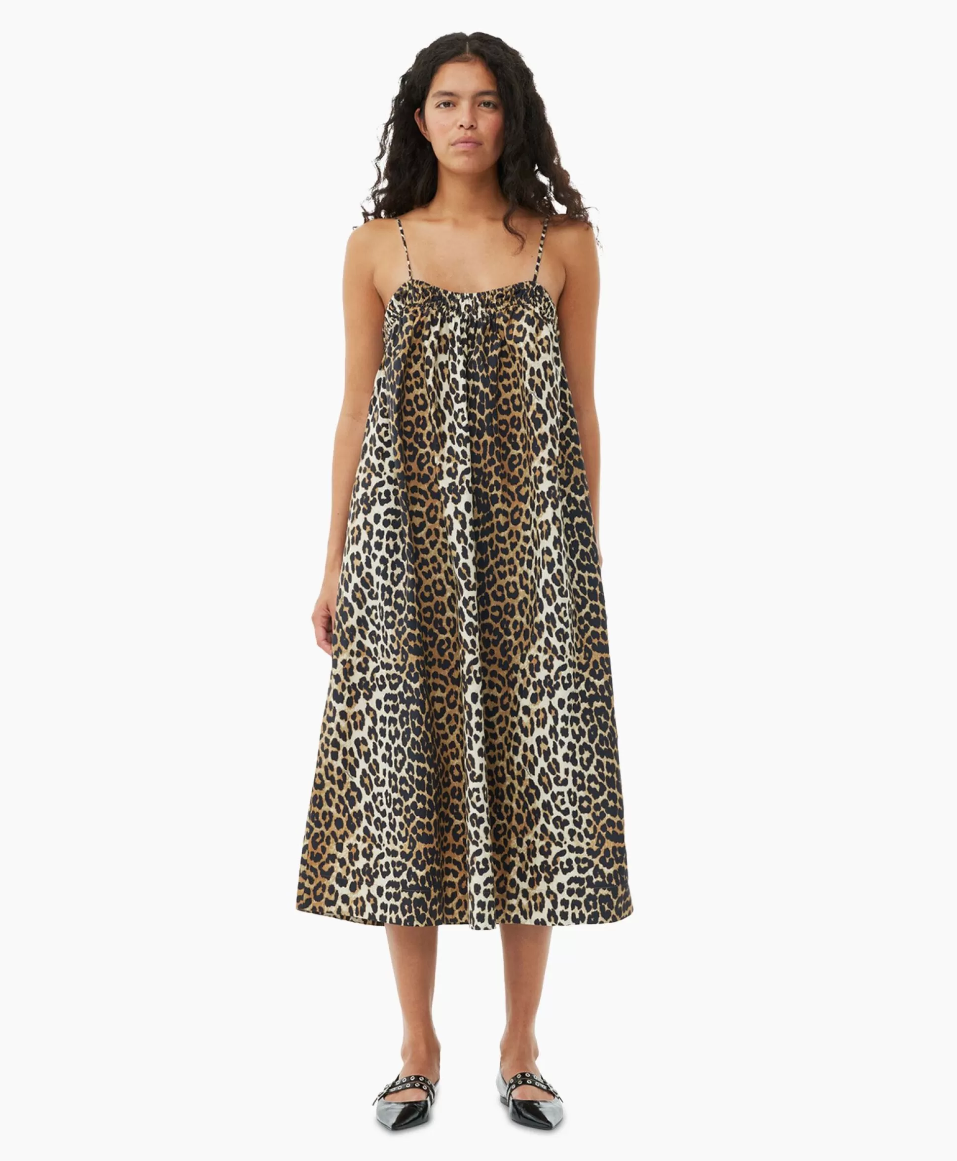 Cheap Midi Jurk Printed Cotton Strap Bruin Dames Jurken