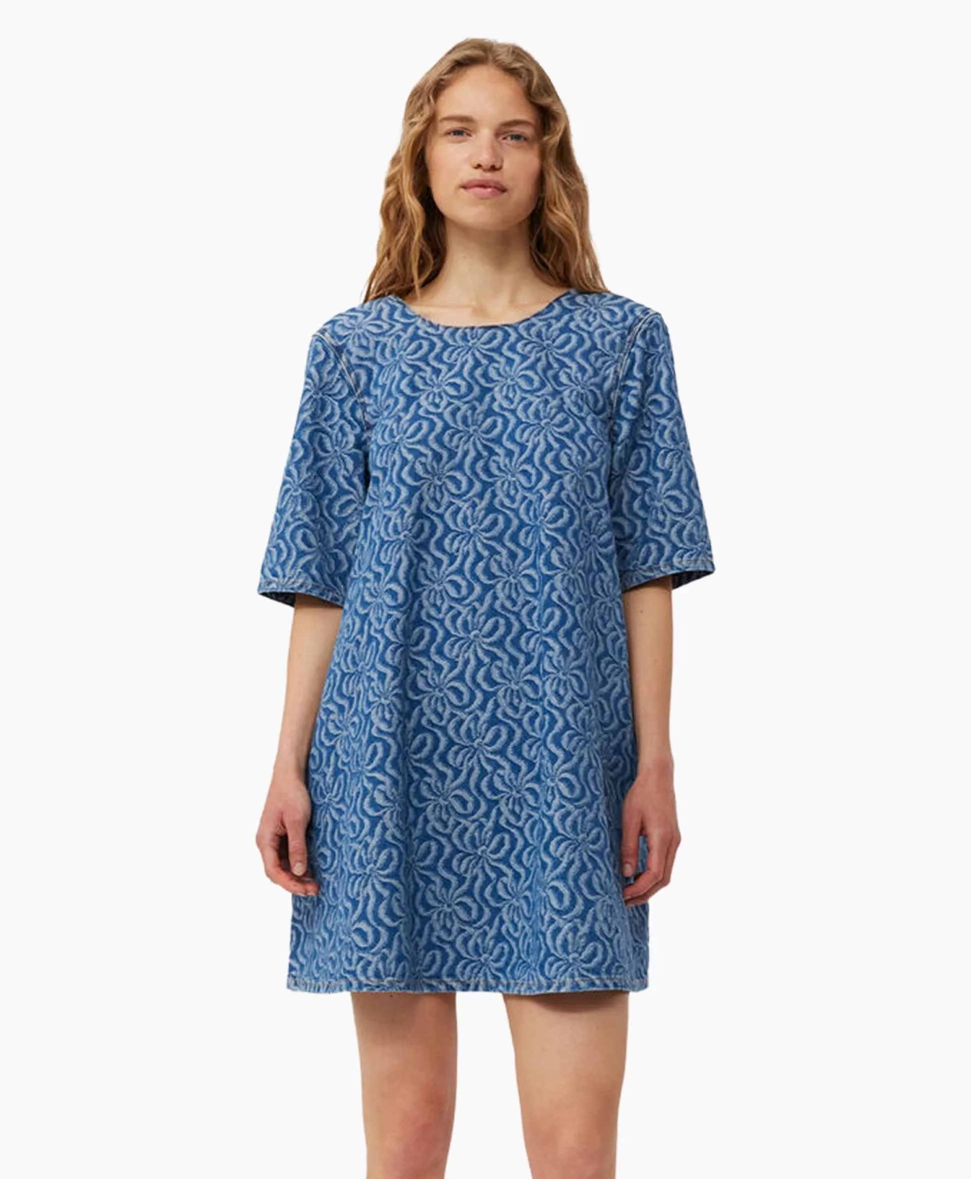 Cheap Mini Jurk Jacquard Denim A-Line Midden Blauw Dames Jurken