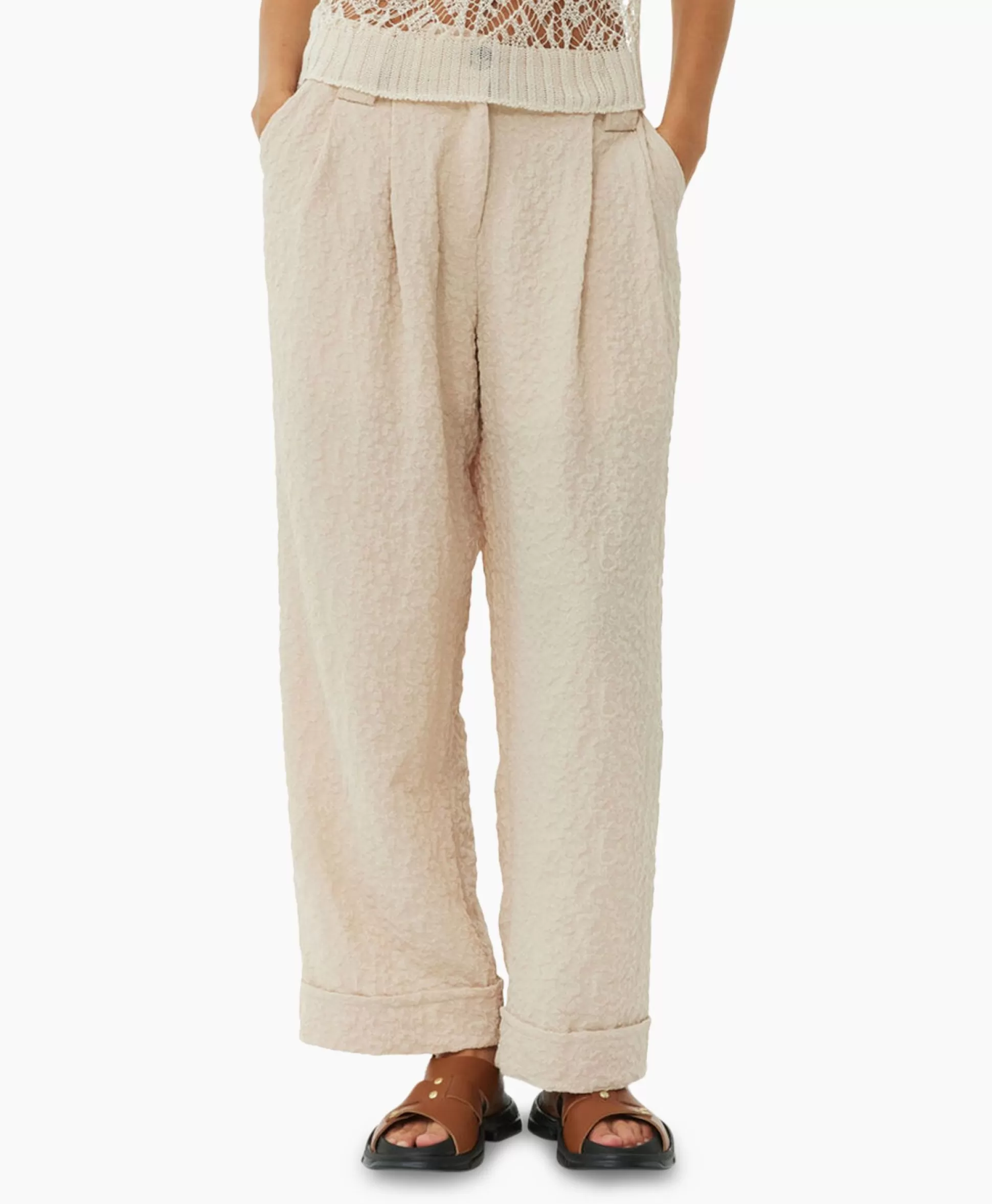 Hot Pantalon Textured Suiting Mid Waist Beige Dames Broeken