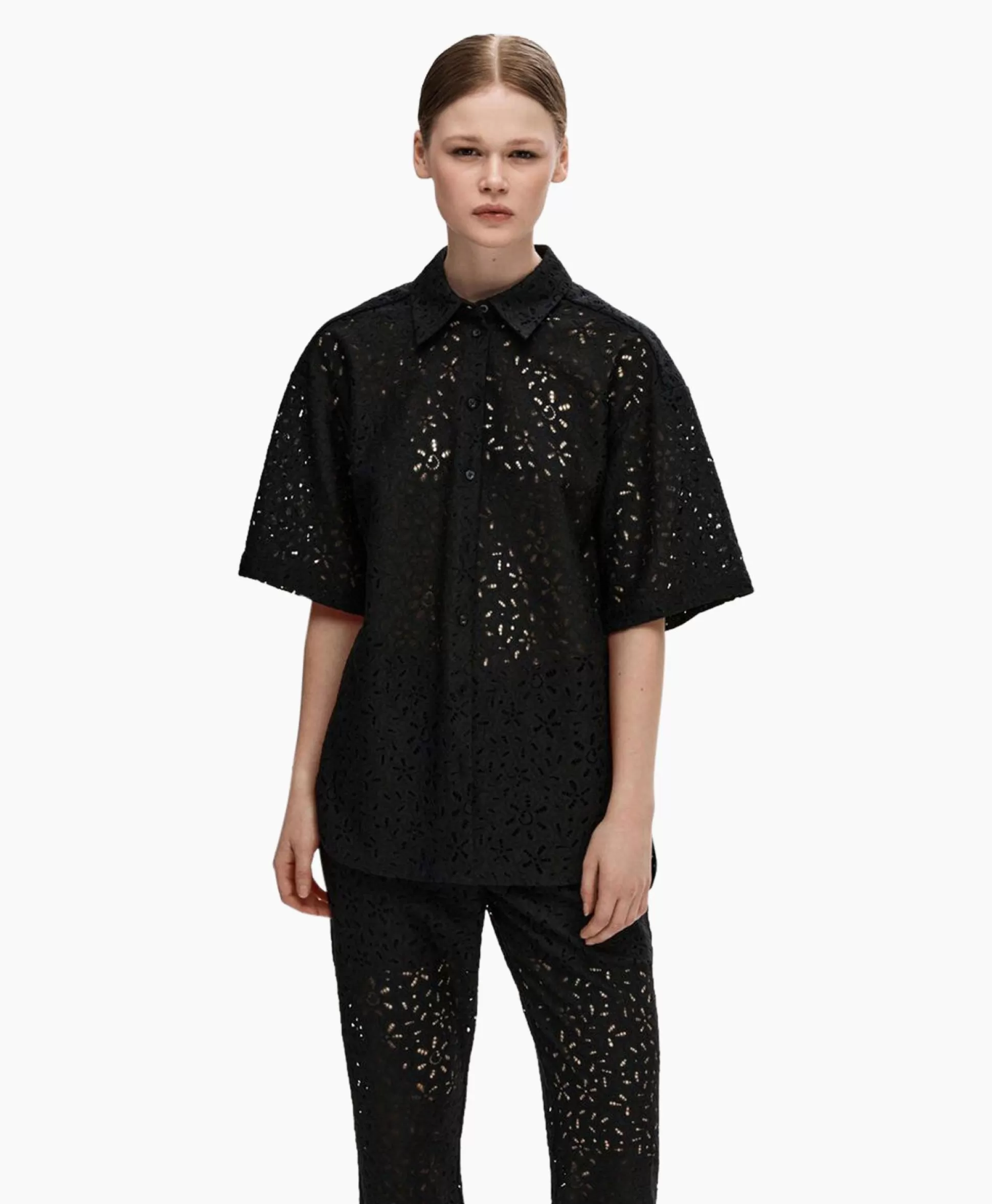 Clearance T-Shirt Karola 2/4 Oversize Lace Shirt B Zwart Dames T-Shirts & Tops